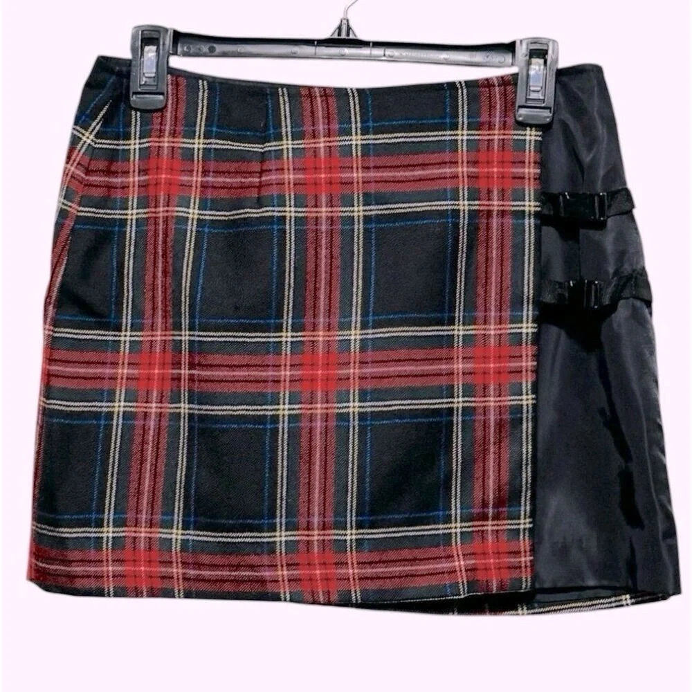 Vintage Y2K Express Wool Mini Skirt Black Plaid Preppy Grunge Goth Womens Small